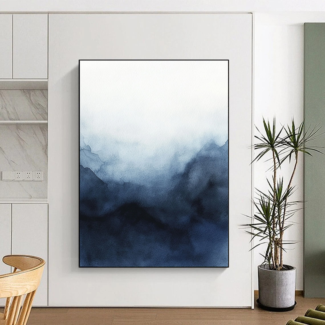 Large abstract watercolor painting of a stormy sky featuring dark blue and gray hues on a white background for striking contrast and minimalist elegance.STSC498