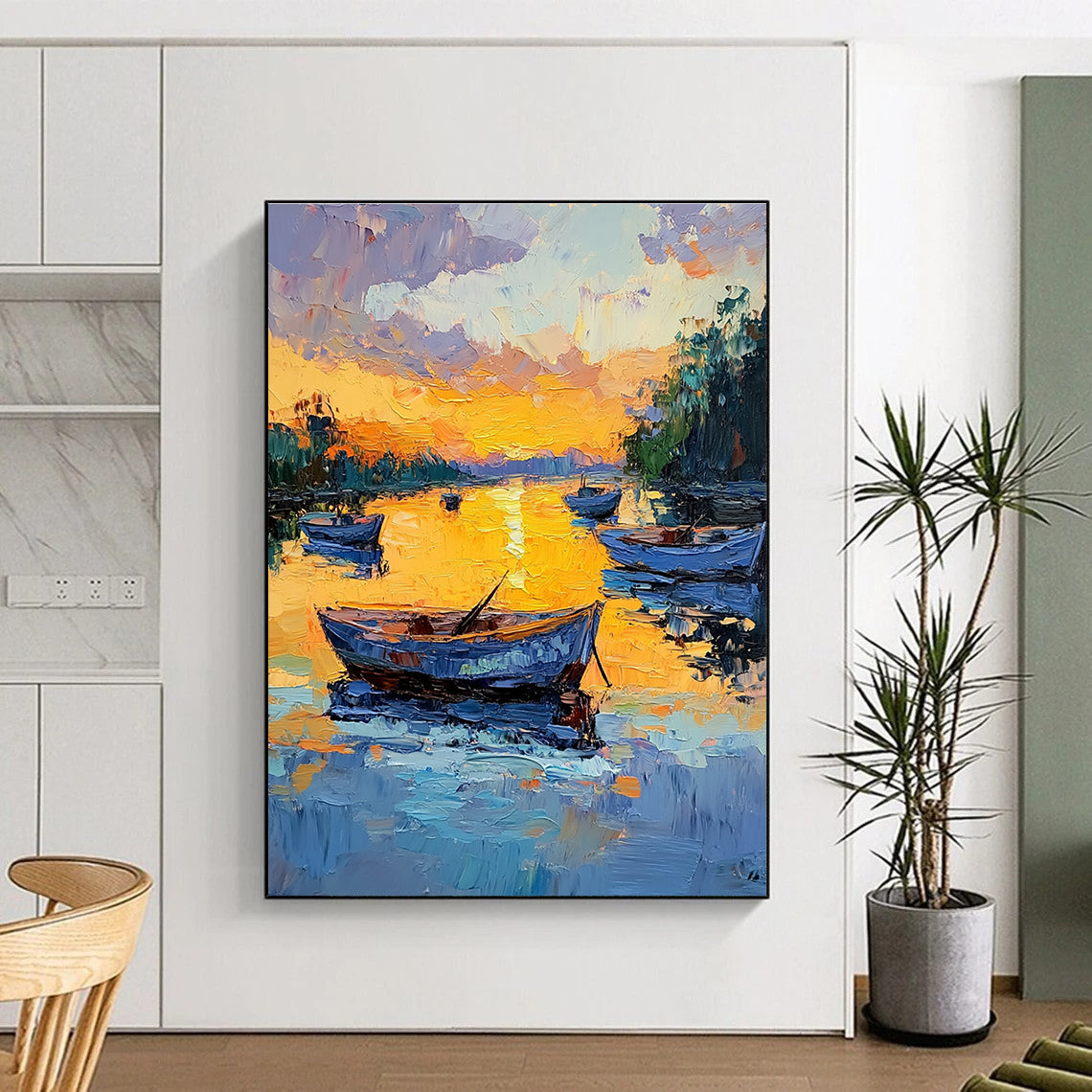 Large abstract painting featuring boats at sunset with rich colors and expressive brushstrokes capturing serene reflections on calm water.STSC1389