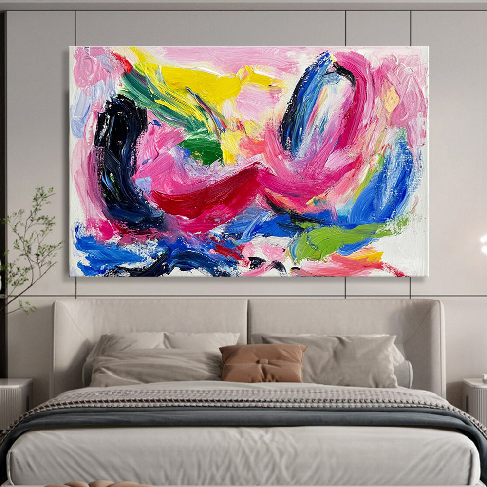 Large abstract painting featuring vibrant pink and blue hues thick brush strokes and dynamic black swirls with red lines and green shapes on a white backgroundSC150
