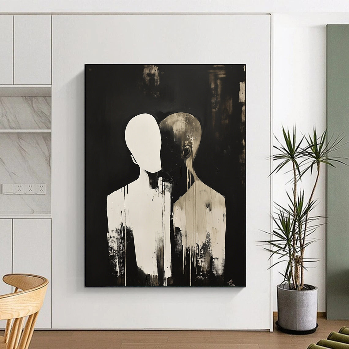 Abstract painting featuring a faceless figure in a dark backdrop with another figure resting their head on their shoulder, complemented by splashes of color.STSC1449