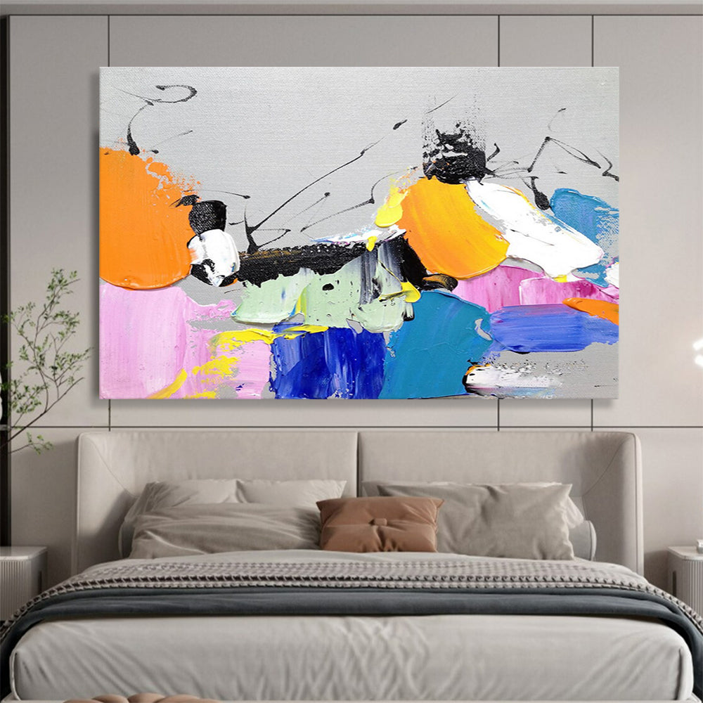Playful Color Block Abstract Painting with Bright Hues and Black Accents THY269