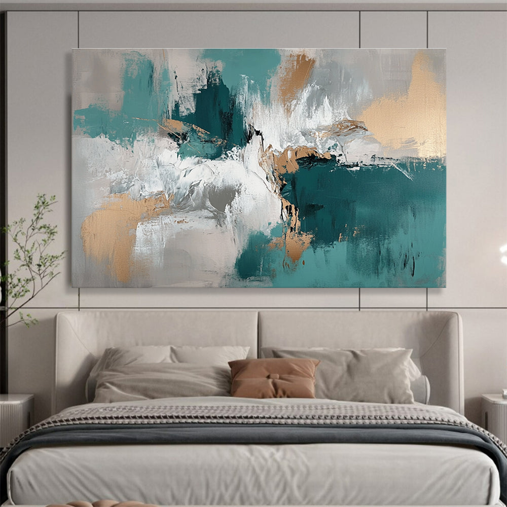 Large abstract painting with muted teal beige and brown tones depicting water and ice creating a profound depth on the canvas.SC243