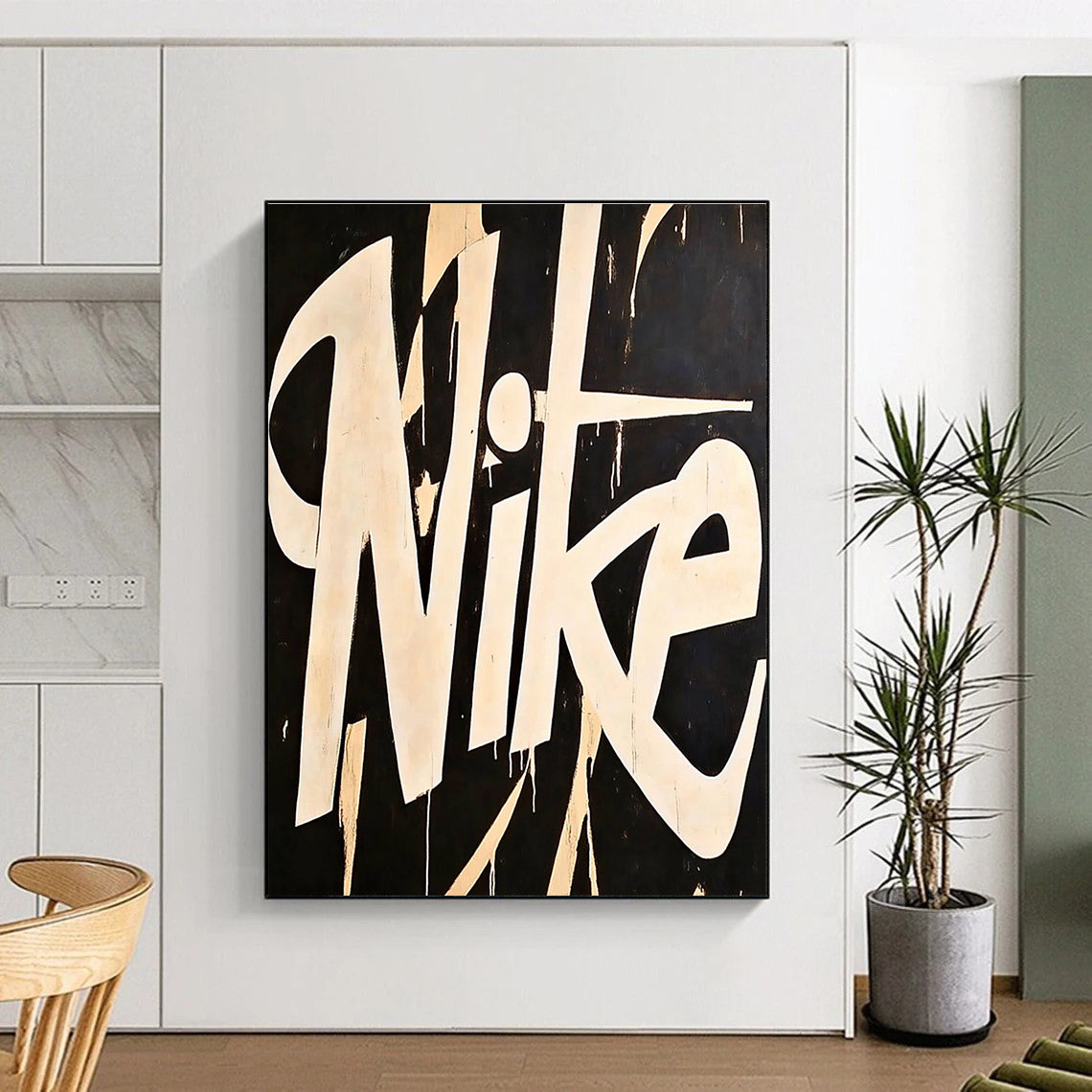 A large abstract painting featuring the word Nike in white on a black background inspired by Matisse and Sciotti with minimalist design.STSC1139