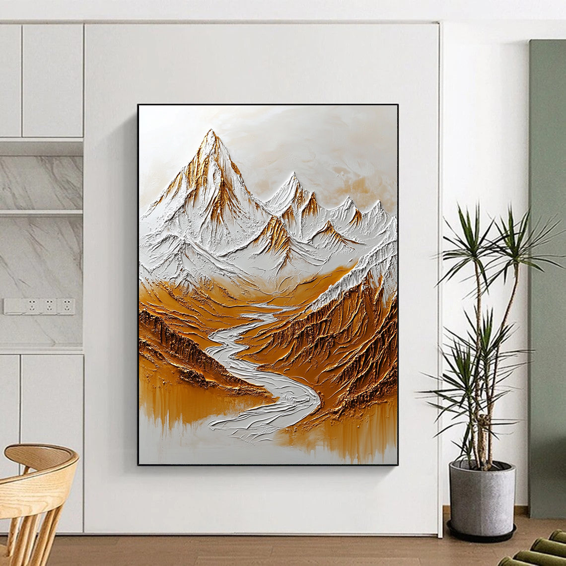Large abstract painting of the Himalayas featuring snow-capped peaks and flowing rivers in warm tones for added depth and texture on a white background.STSC003