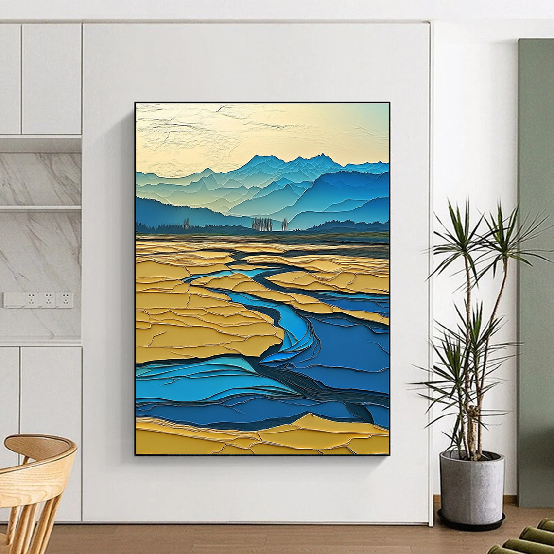 Large Abstract Painting Depicting A Surreal Winter Landscape With The Yellow River Distant Mountains And Vibrant Colors In A Layered Composition.STSC1438