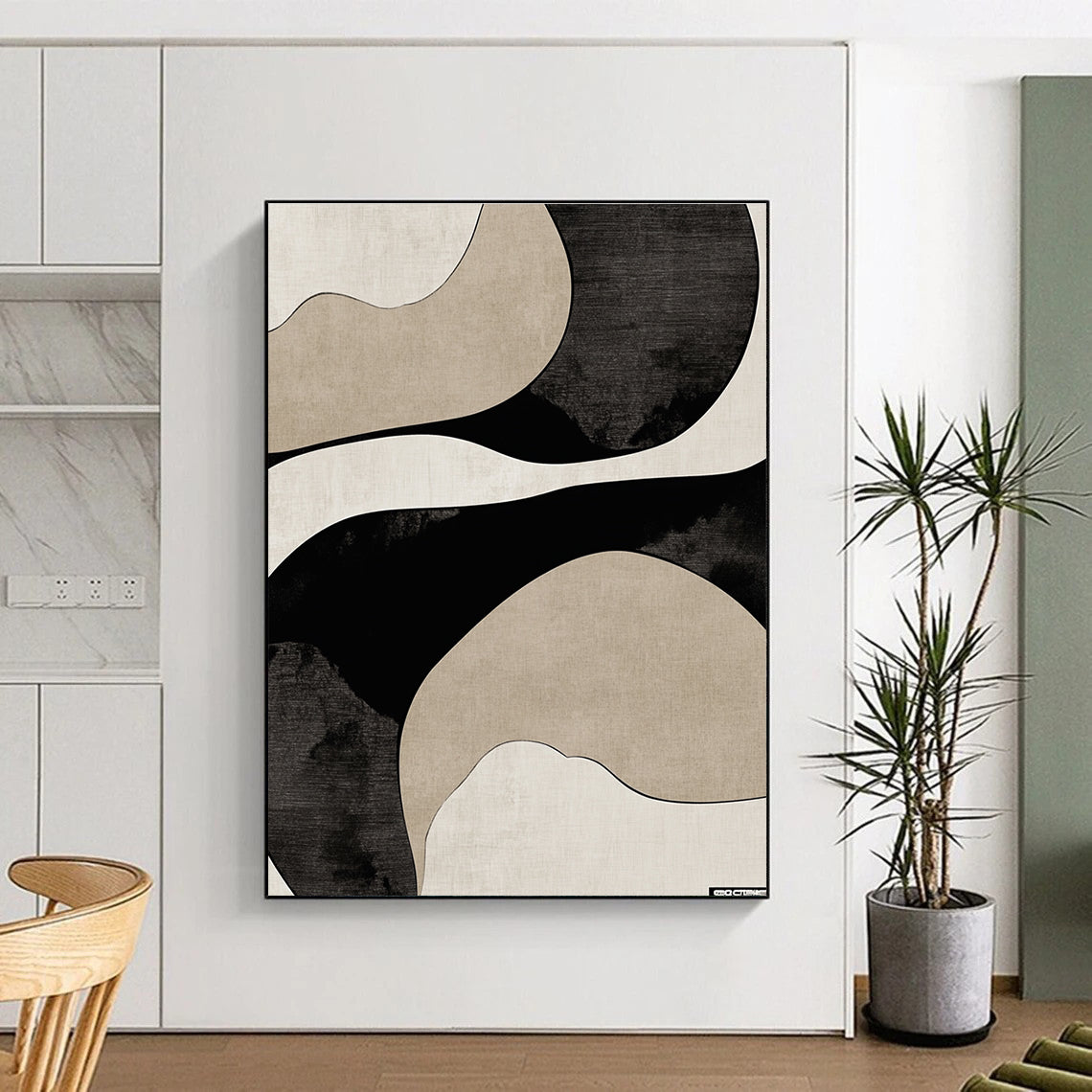 Black and Beige Curved Abstract Painting with Flowing Lines GER064