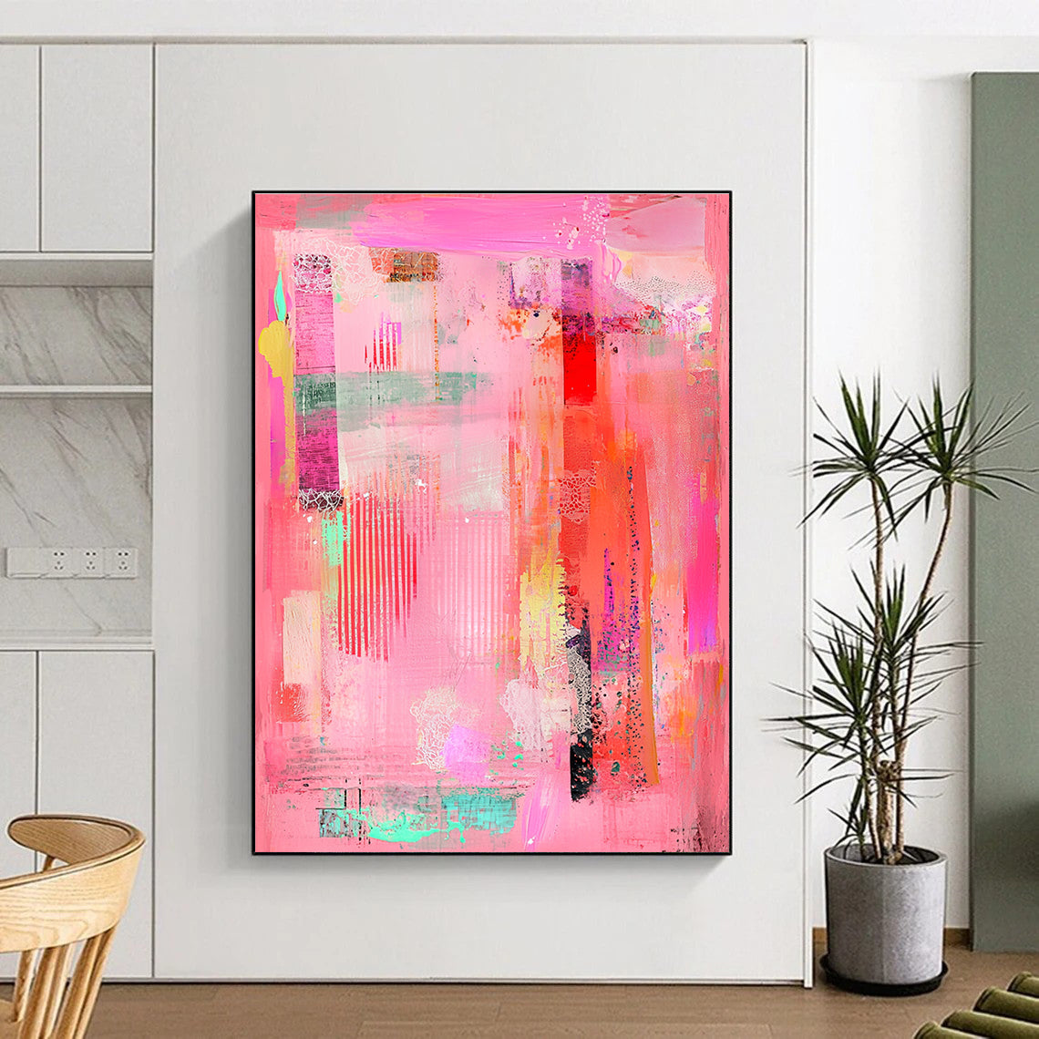 Colorful Mixed - Media Pink Abstract Art with Diverse Textures GER255