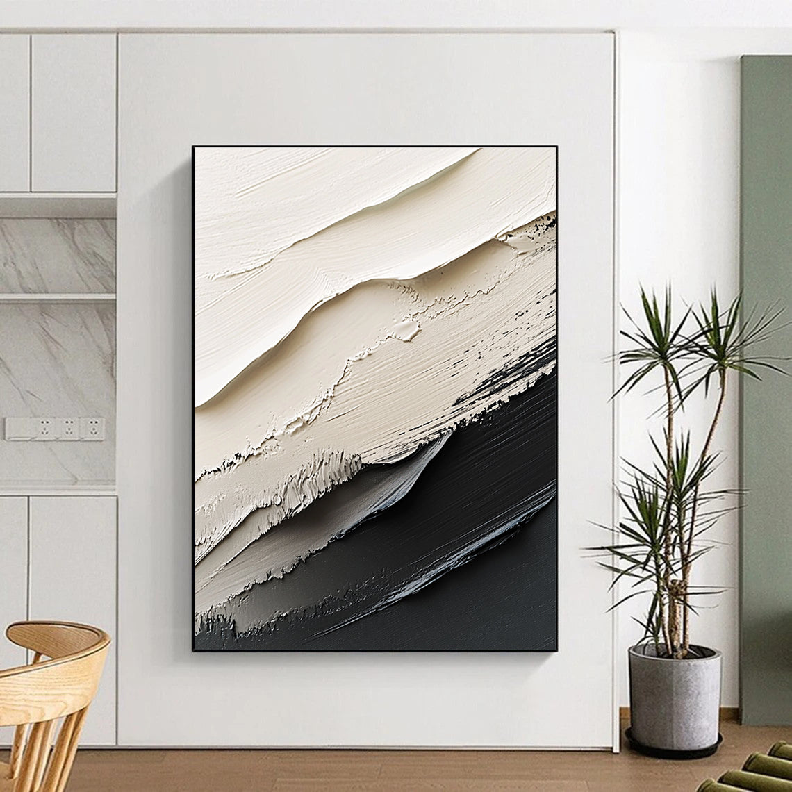 Large abstract painting in black and white featuring dynamic brush strokes and rich textures that create striking contrasts and depth.STSC1470