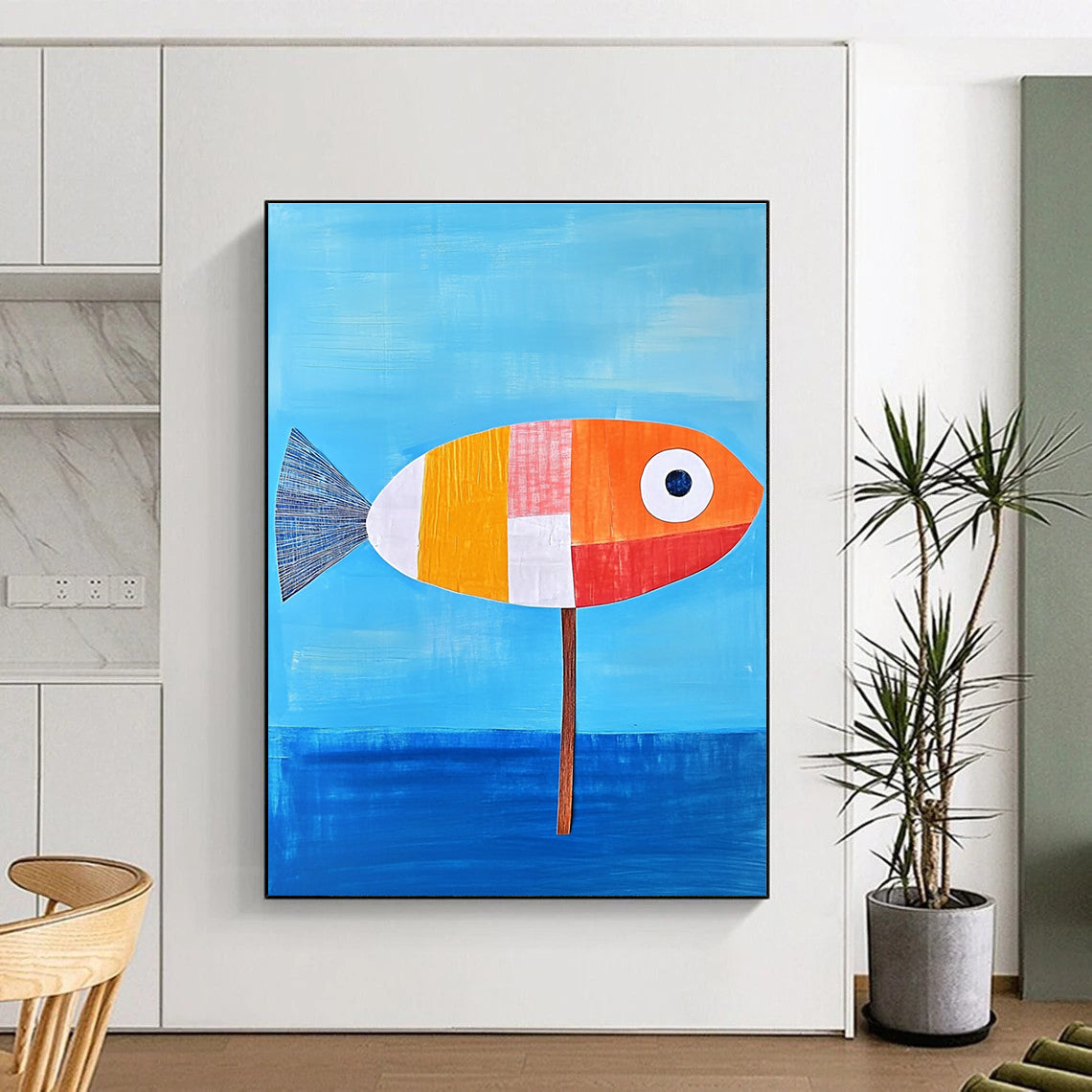An abstract painting of a fish on blue water featuring an orange and white color scheme with simple details and a tranquil vibe.STSC996