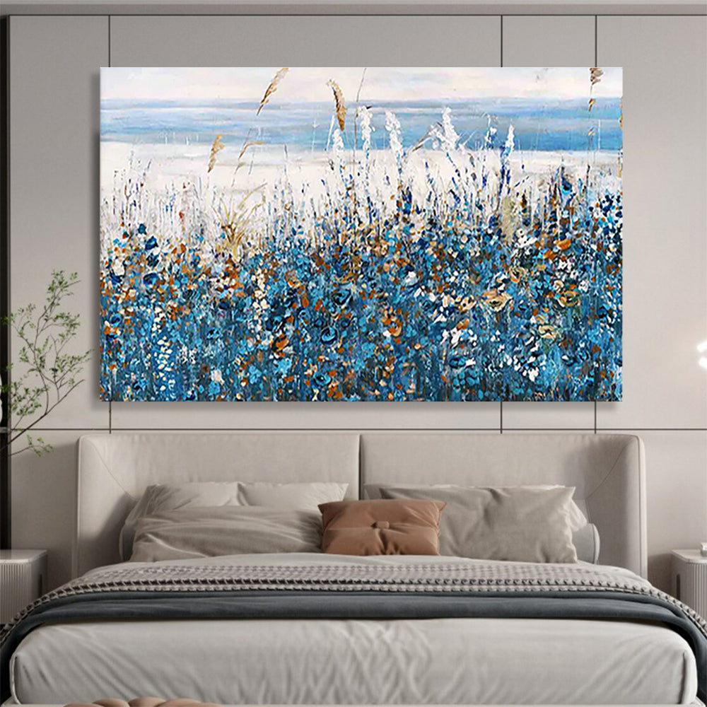 Seaside Wildflower Abstract Painting with Blue, White, and Orange Hues THY203