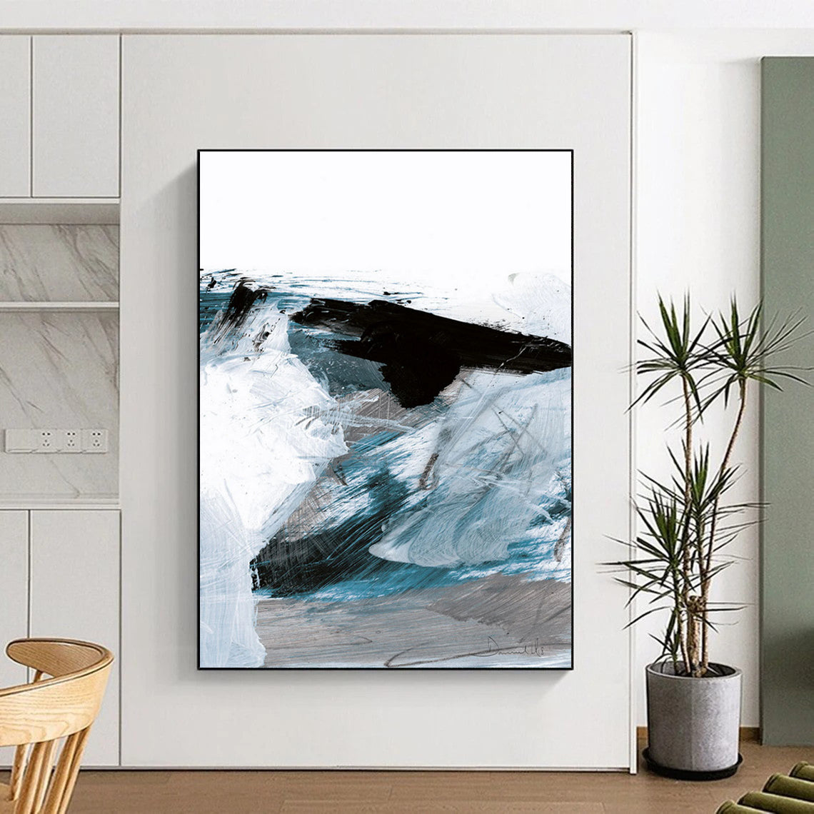 Blue and Black Dynamic Strokes Abstract Painting ADGE220