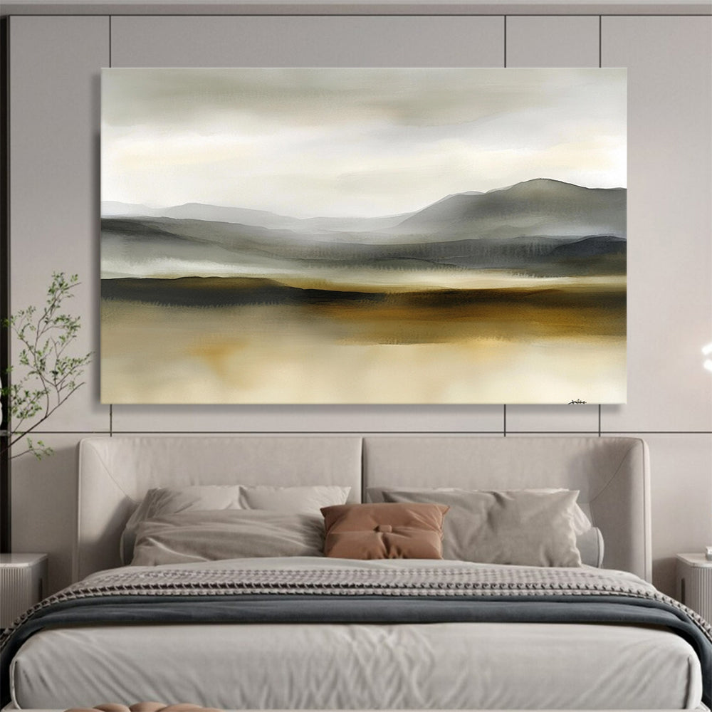 Large abstract watercolor painting of Scottish moors in soft gray and beige tones, creating a tranquil and misty atmosphere for any space.SC288