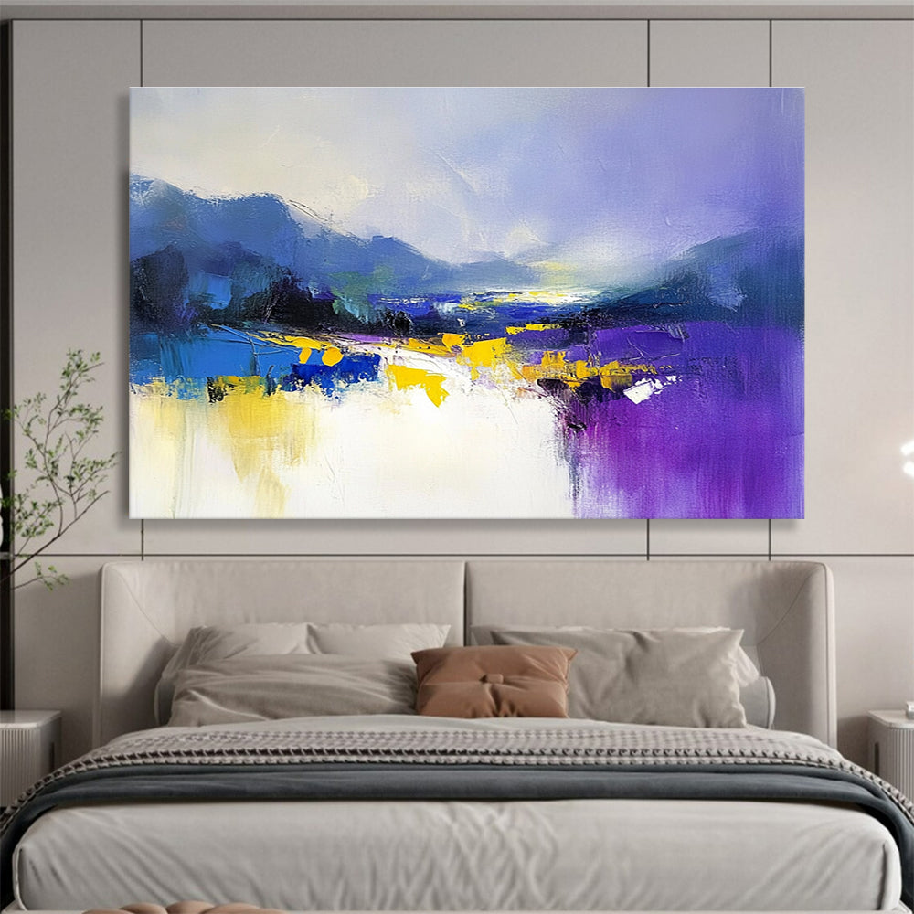 Large abstract painting featuring soft purple and blue hues with yellow accents created using loose brush strokes for a calming effect.SC317