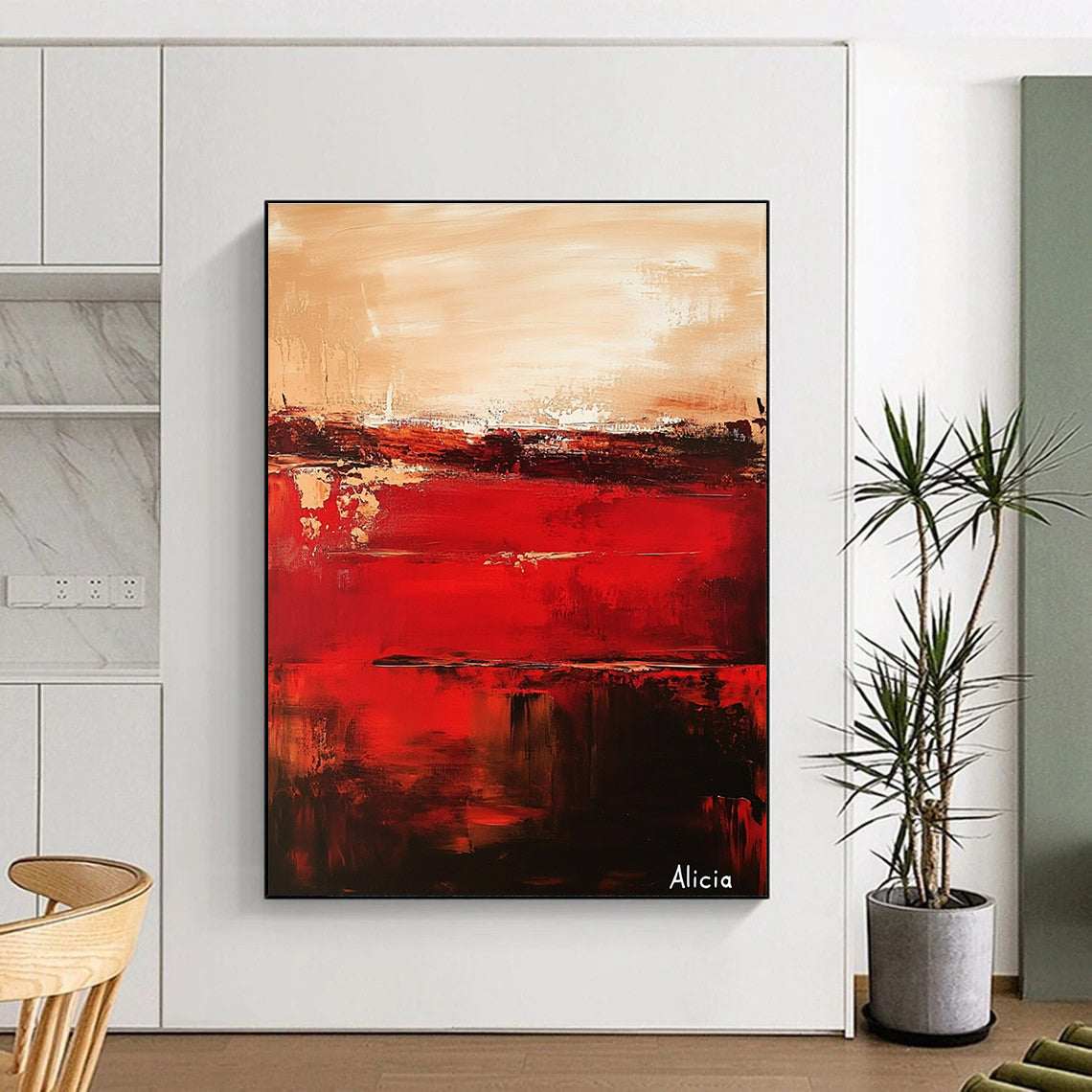 Large abstract painting of red and brown titled Alicia with deep burgundy and pale gold textures on a tranquil sunset-inspired backdrop.STSC690