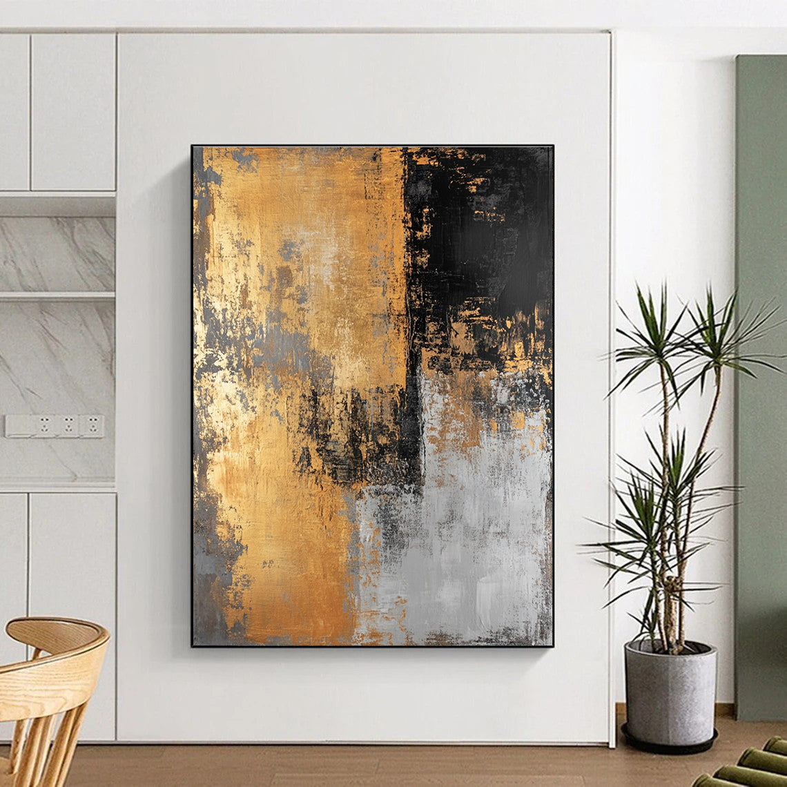 Large abstract painting in golden black and gray hues creates a striking visual impact perfect for modern decor.STSC576