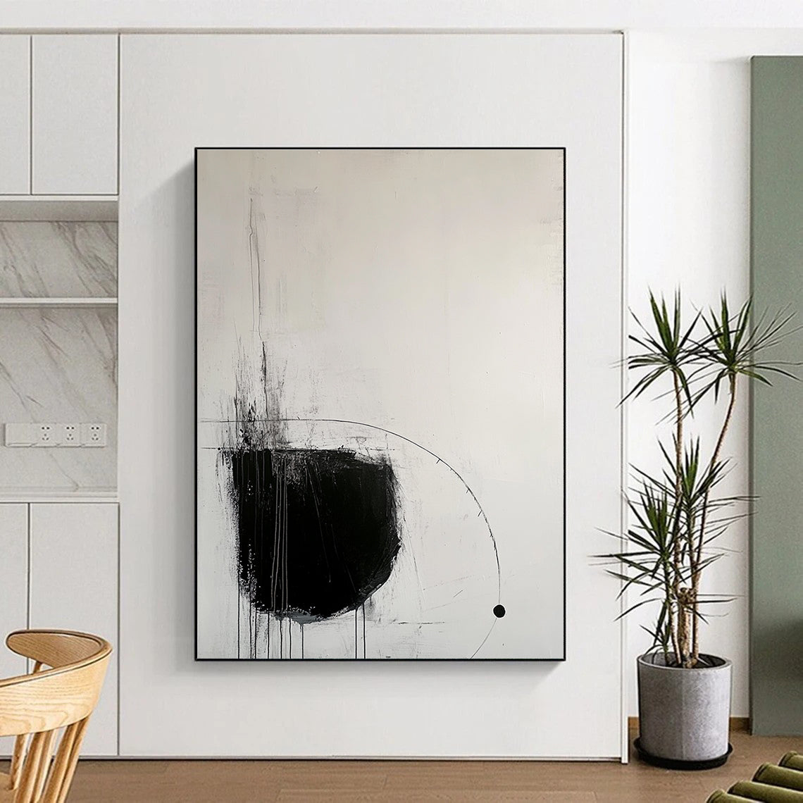 Large abstract painting with black lines and geometric figures creating calmness and simplicity in minimalist style featuring balanced composition and open space.STSC520