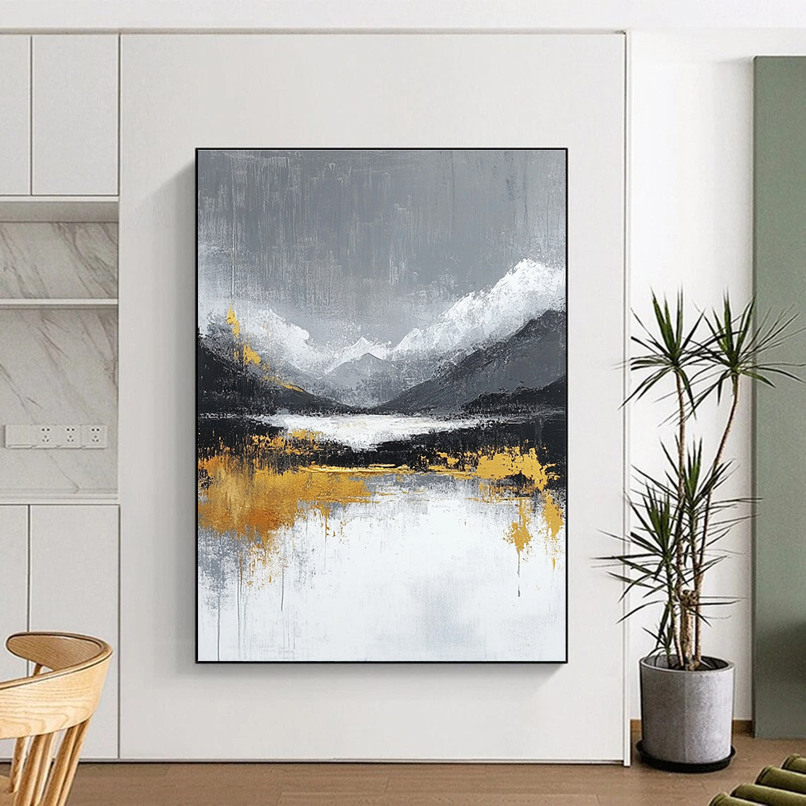 Large abstract painting featuring gray and white background with gold lines evoking tranquility and luxury in a minimalist Chinese landscape style.STSC224