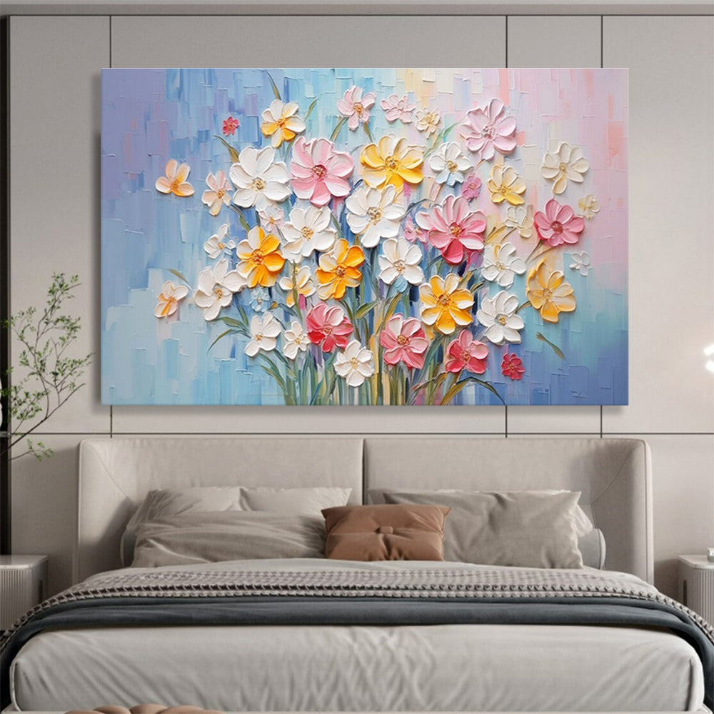 Textured Flower Bouquet Abstract Painting with Pink, Yellow, and White Tones THY210
