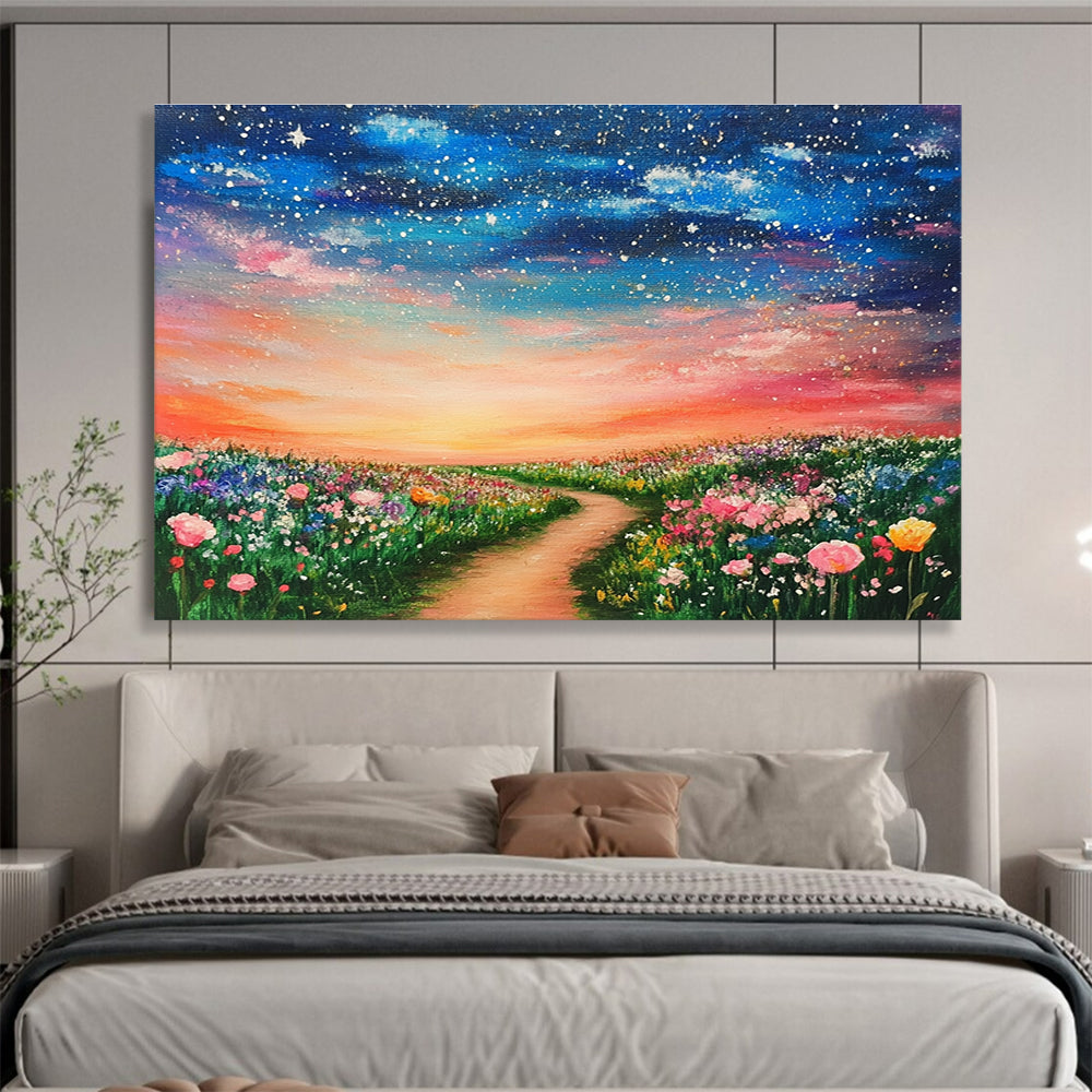 A large abstract painting of a dreamy field adorned with colorful flowers under a starry sky and a pink sunset, evoking a magical atmosphere.SC397