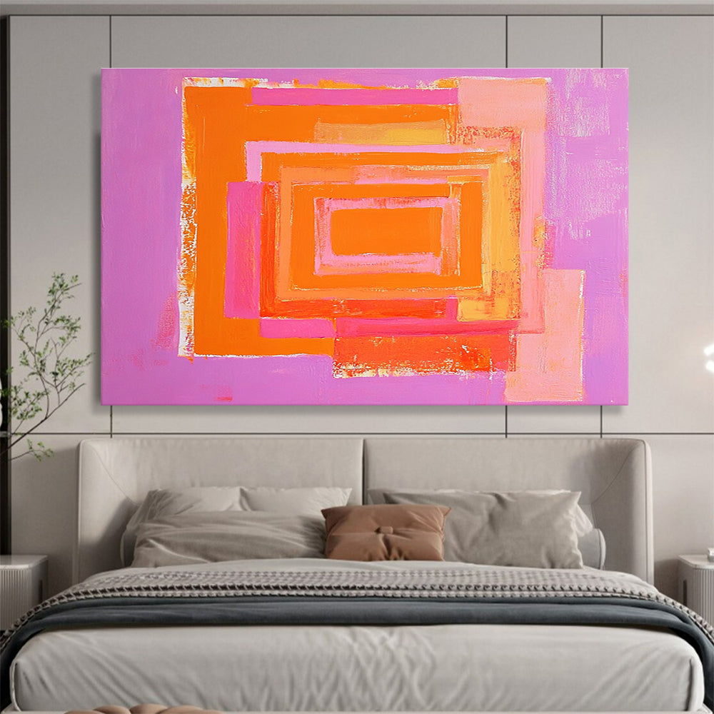 A large abstract painting featuring a pink and orange pastel maze with bold shapes and ample negative space.SC539