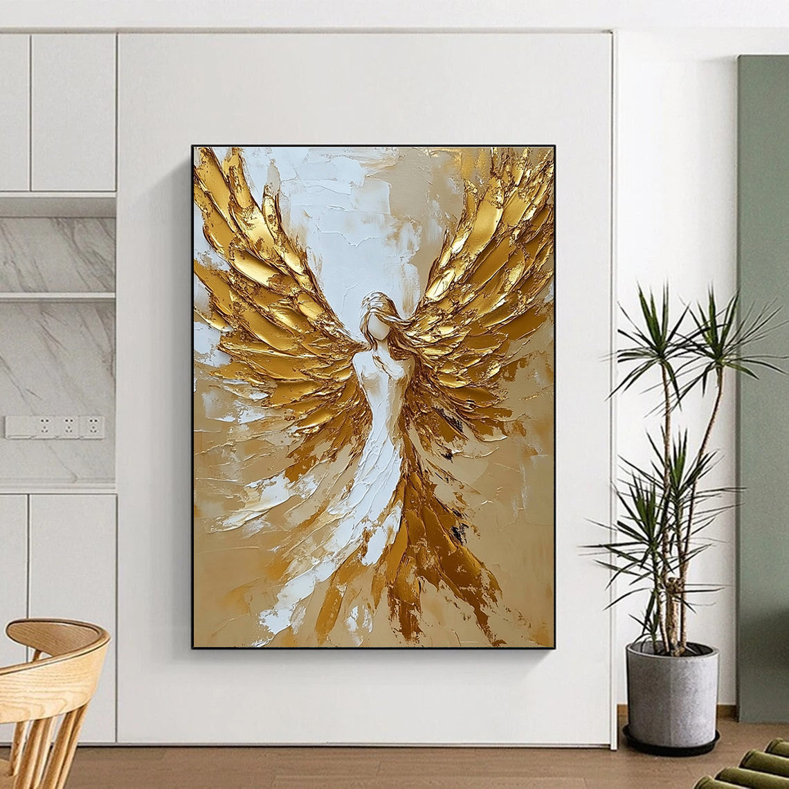 Abstract painting featuring a celestial angel with golden wings in a stunning gold and white palette knife technique.STSC008