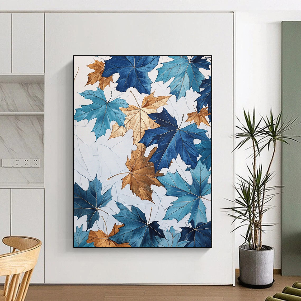 Large abstract painting of blue and gold maple leaves with metallic accents on a white background inspired by John Derric's style.STSC1154