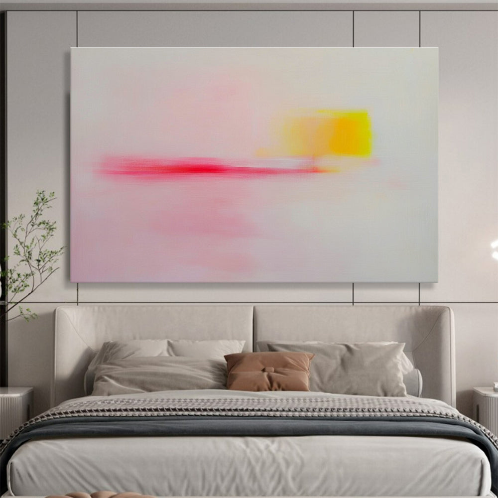 Large abstract painting with pink yellow and red soft edges on white background, emotional minimalism creating a tranquil joyful atmosphere.SC251
