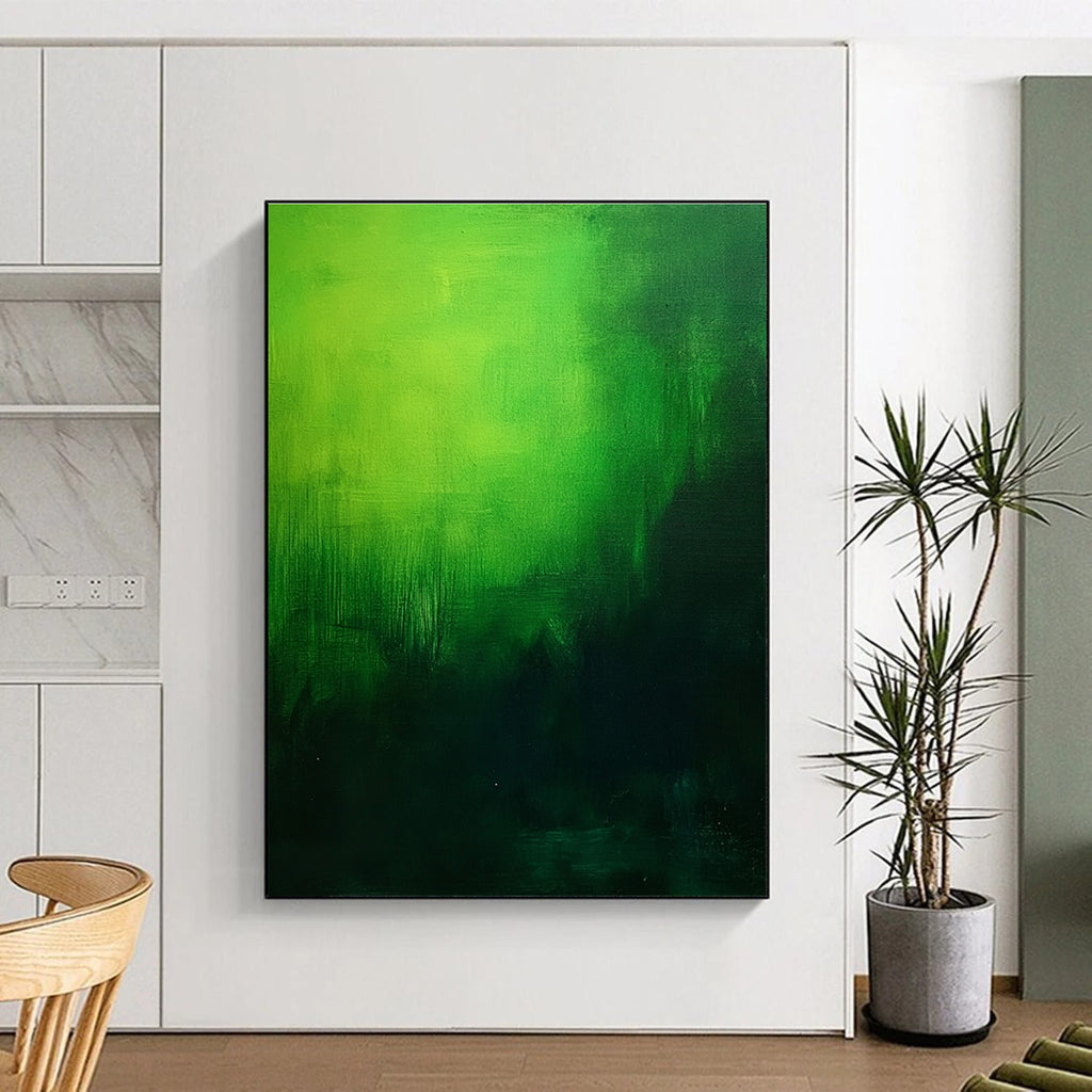 Large abstract painting featuring a green gradient on a dark background creating a moody and atmospheric foggy effect in oil on canvas.STSC310