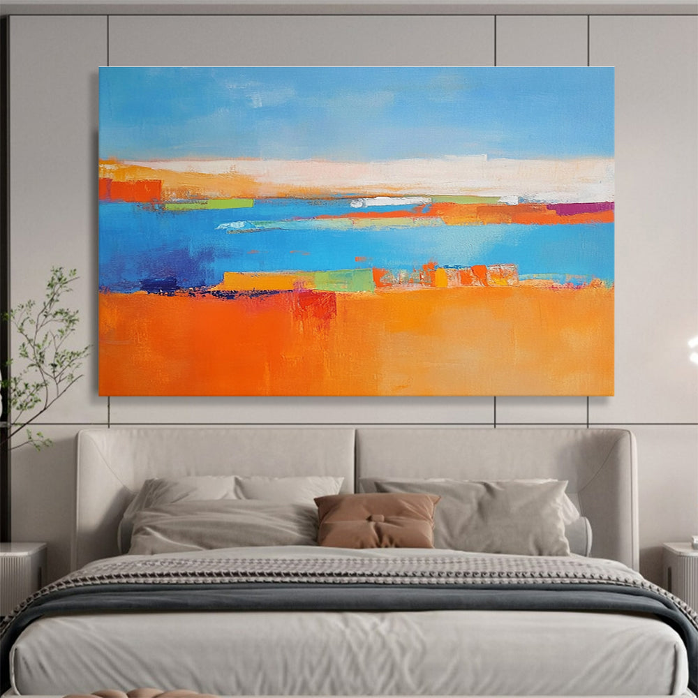 Large abstract painting featuring a soft blue background vibrant oranges geometric patterns warm yellows with green shapes and white figures symbolizing nature.SC060