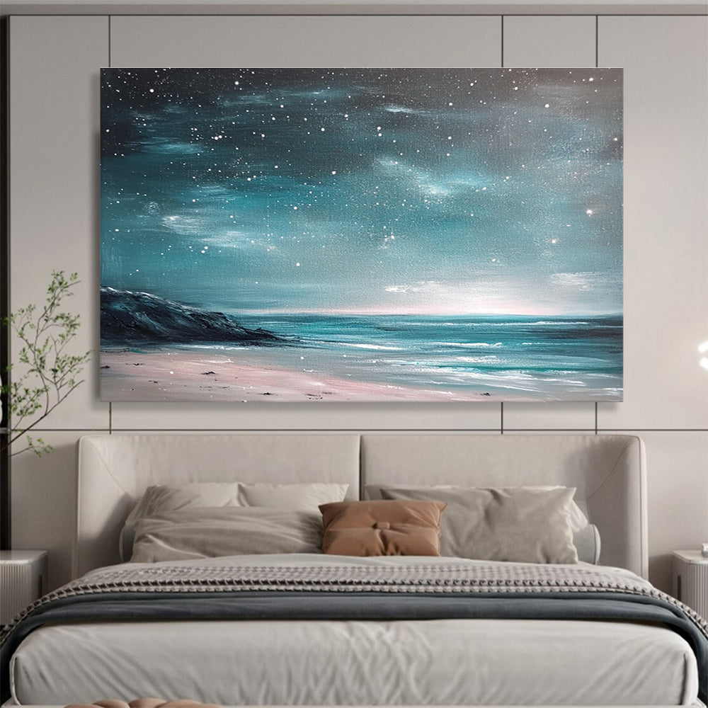 Coastal Starry Night Abstract Painting with Teal and Pink Tones DYP556
