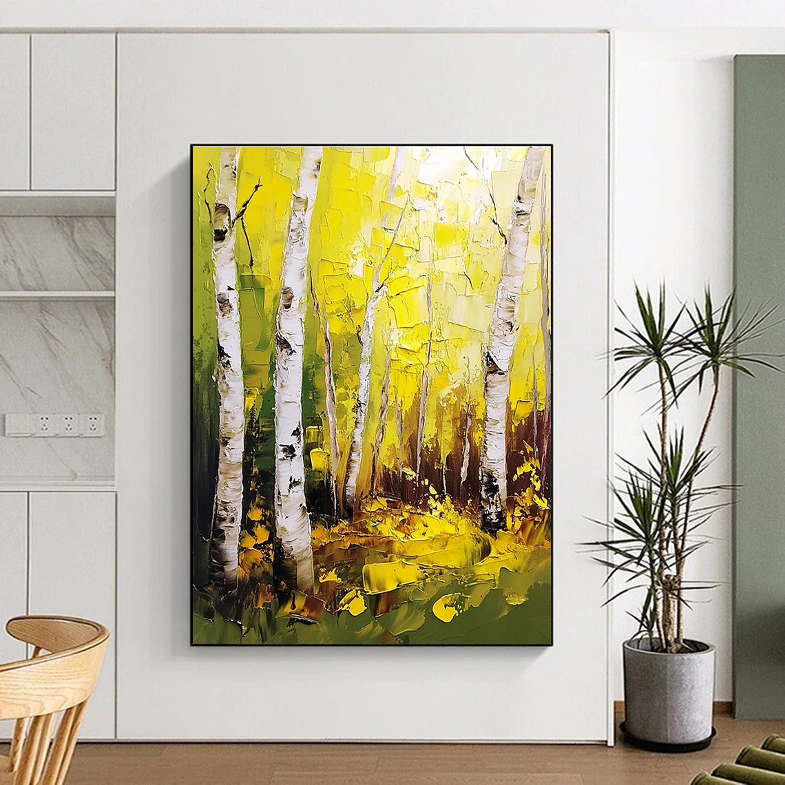 Large abstract painting of birch trees with thick brush strokes and a palette knife featuring vibrant yellow and green leaves in a forest.STSC1387