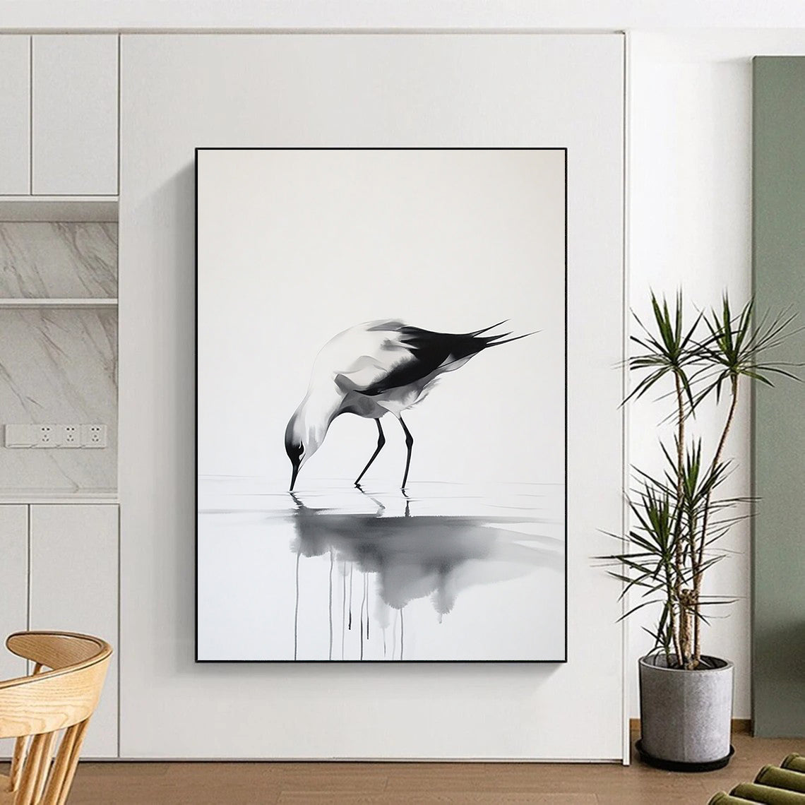 Large abstract ink painting featuring a graceful bird walking on water in a minimalist style with elegant movements and delicate brushstrokes on a pure white background.STSC907