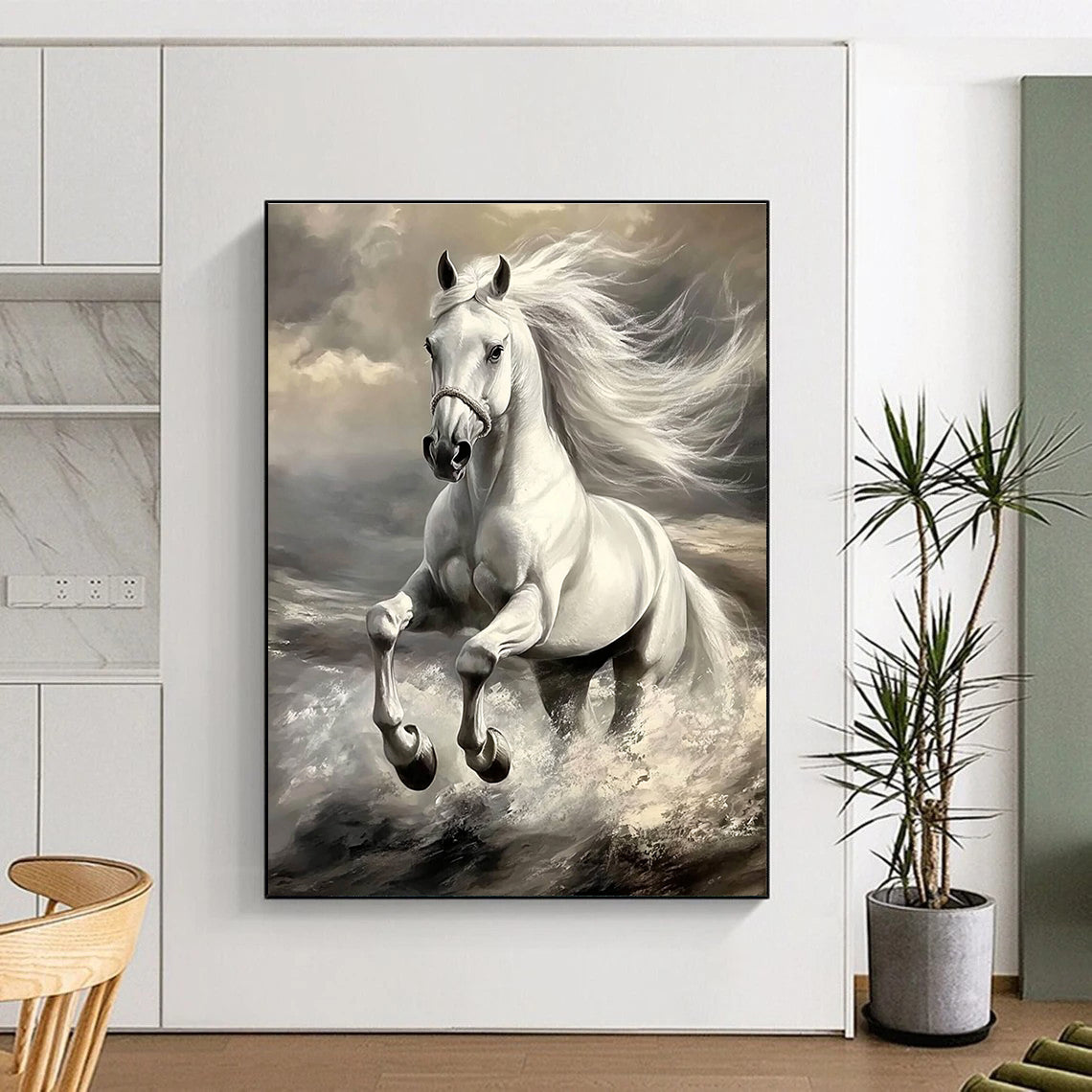 An abstract painting featuring a majestic white horse in motion with a grey color palette highlighting its powerful features and flowing mane.STSC1053