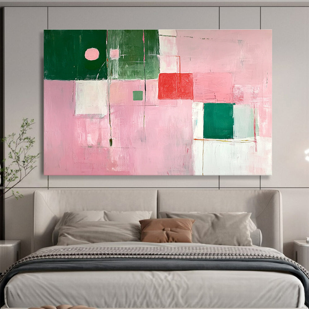 A large abstract painting featuring soft pink and green shapes creates a calming atmosphere with an inviting glow and an empty center.SC538