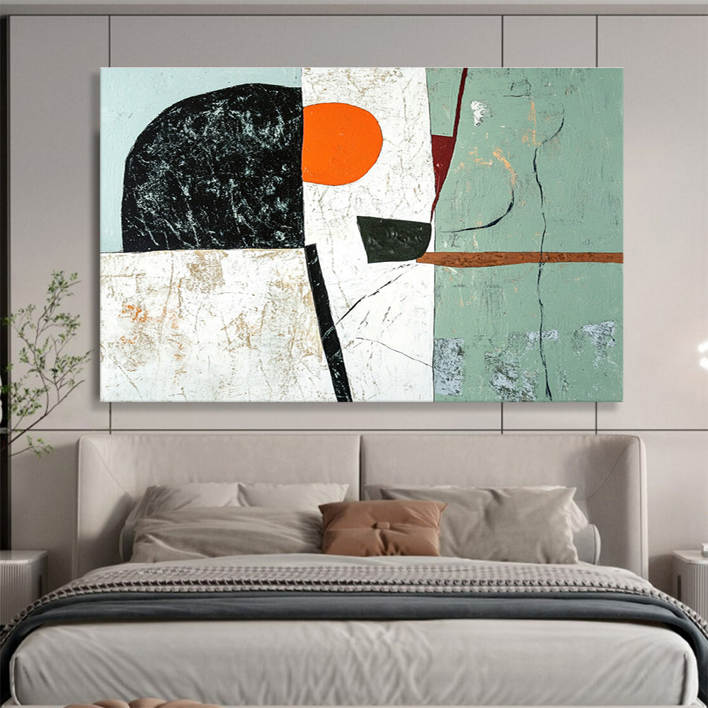 Large abstract painting featuring green black and white shapes with an orange accent and a brown line on a light gray and pale blue background.SC192