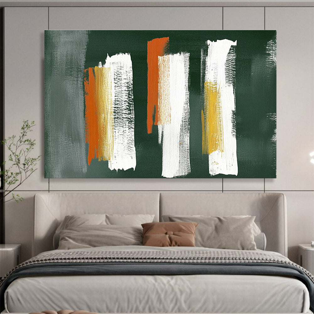 Large abstract painting featuring five vertical brushstrokes in gray white and orange on textured dark green paper in the style of Peter Lefferts.SC494