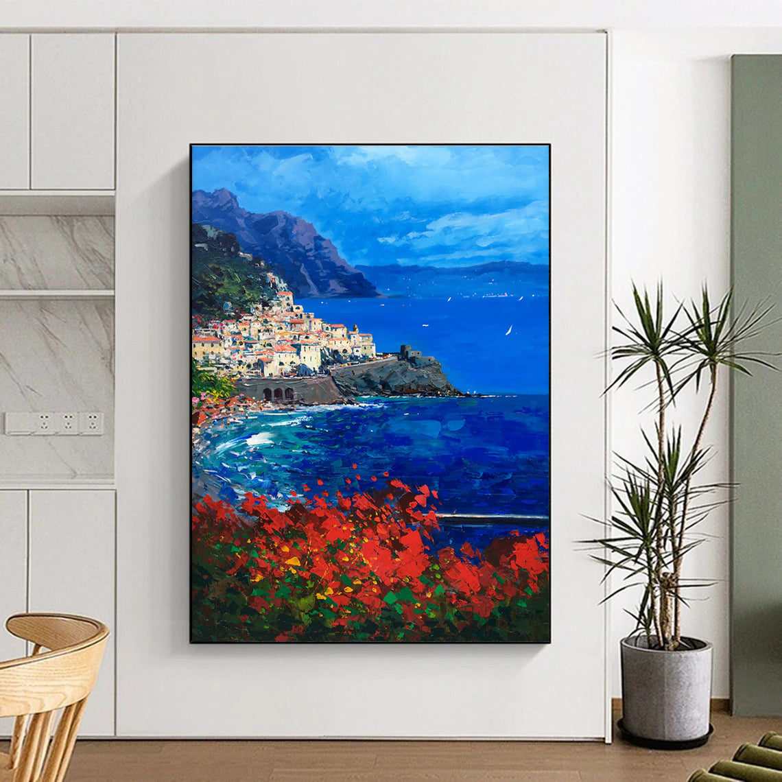 Coastal Village Abstract Painting with Blue and Red Tones ADGE533