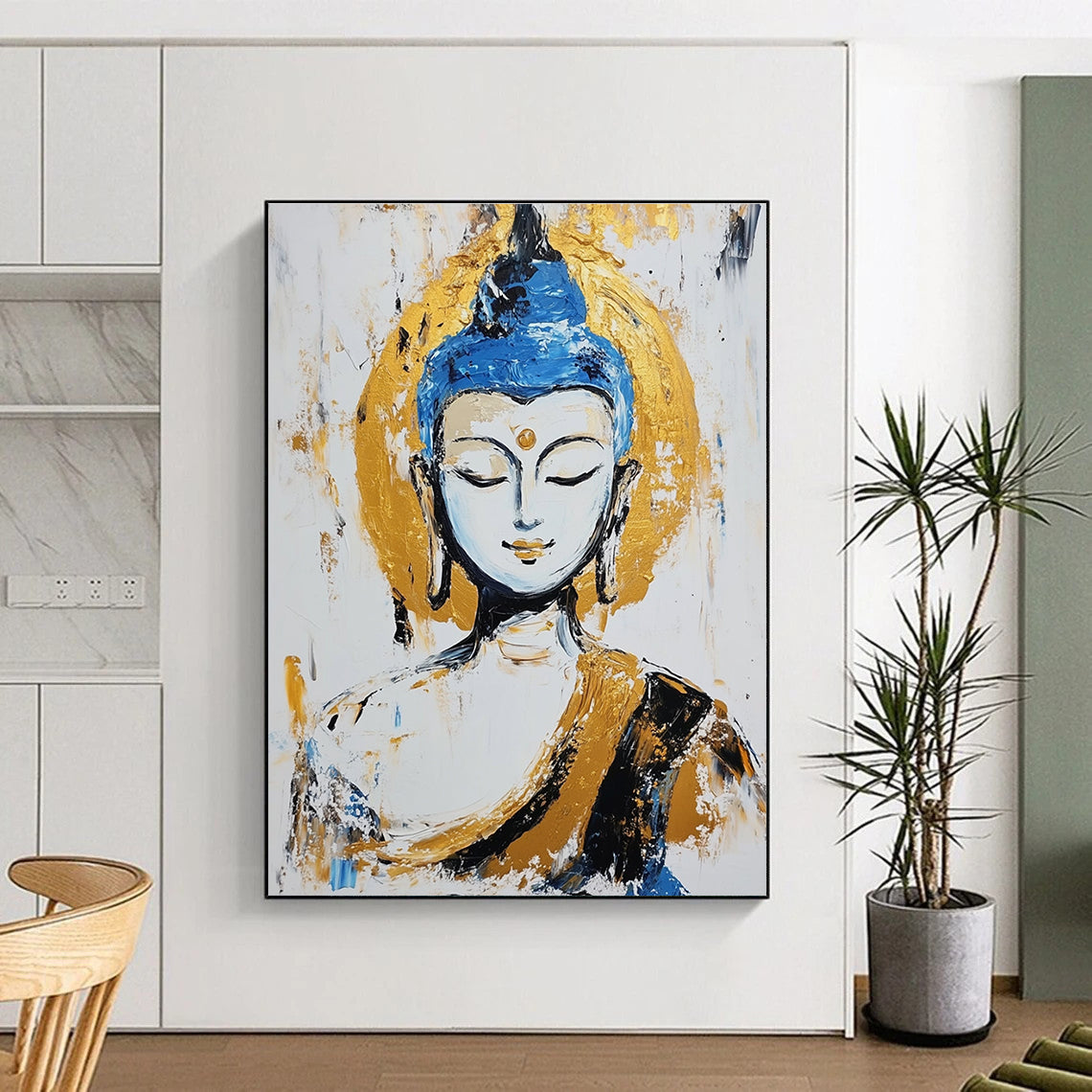 A large abstract painting of the Buddha with pale skin and blue hair in meditation against a white background featuring gold accents and visible brush strokes.STSC338