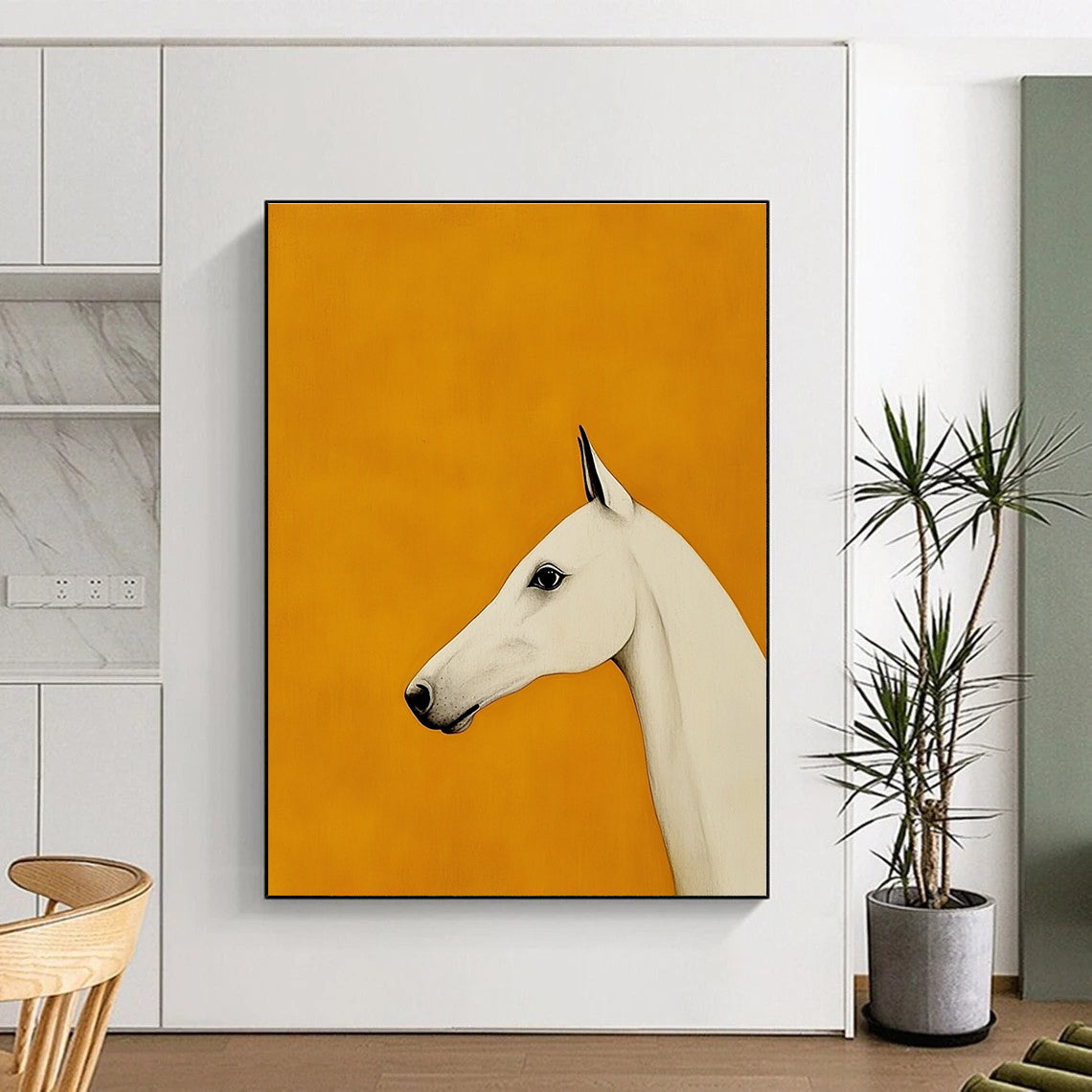 A large abstract painting featuring a minimalist Arabian greyhound design with a white horse's head on an orange background.STSC1063