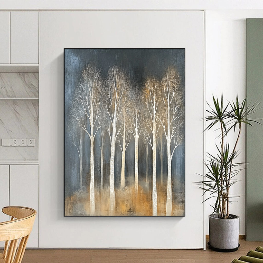 Large abstract painting featuring trees with white branches on a textured canvas in muted tones against a dark gray background.STSC353