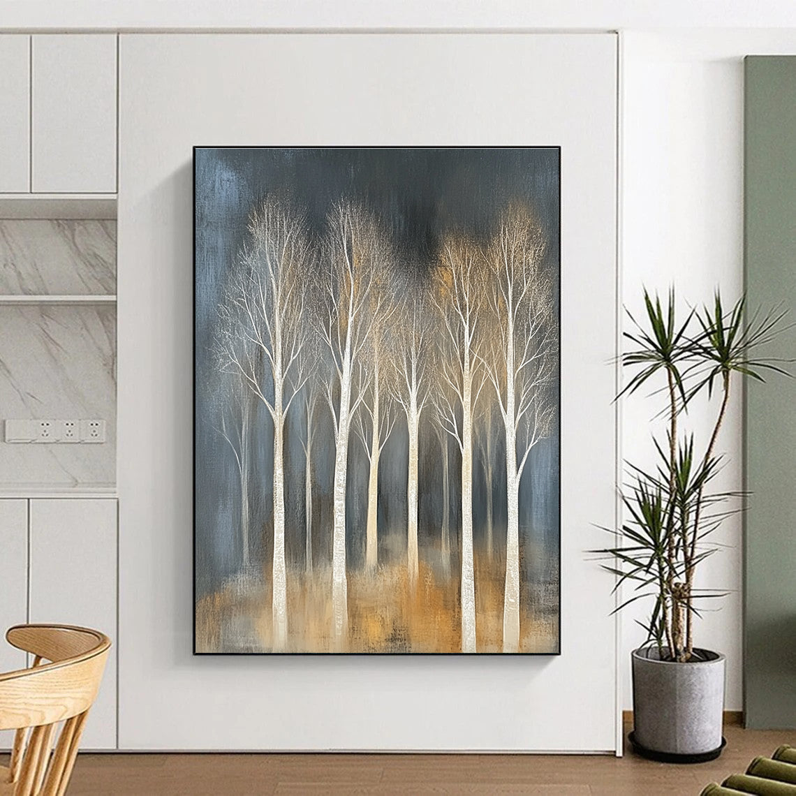 Large abstract painting featuring trees with white branches on a textured canvas in muted tones against a dark gray background.STSC353