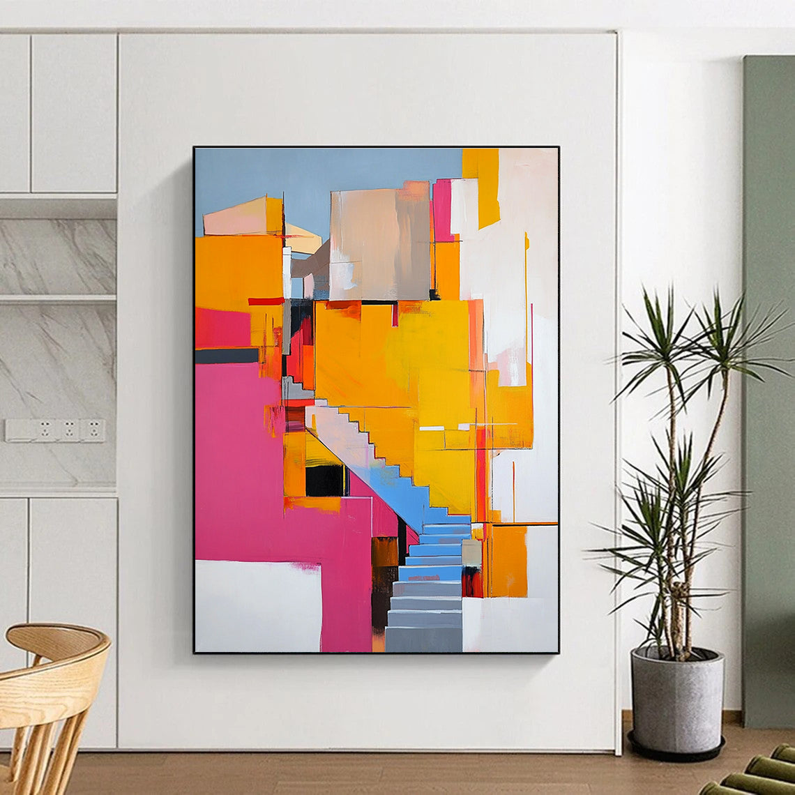 Abstract painting featuring vibrant pink yellow and orange architectural elements with stairs and ample white space around it.STSC668