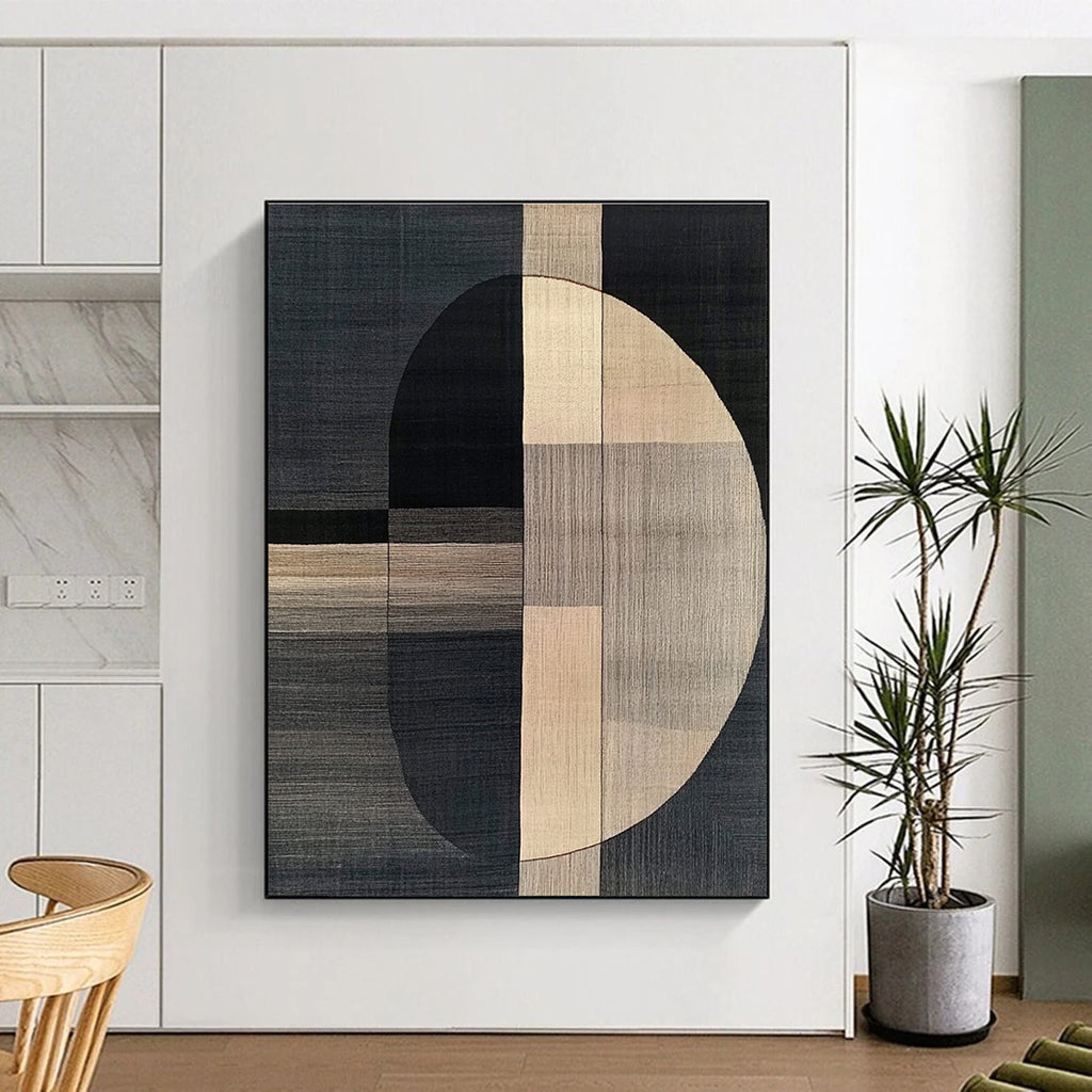 Abstract carpet design inspired by Picasso showcasing dark gray and beige in a modern art style with simple shapes and black lines.STSC1060