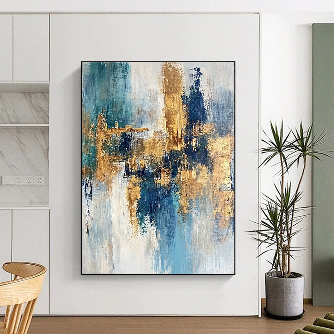 Blue and Gold Abstract Painting with Dynamic Strokes GER474