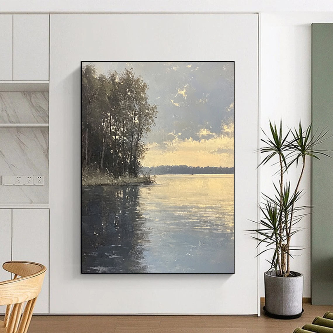 Large abstract painting capturing an overcast lake with tree silhouettes and serene gray reflections in the evening light.STSC885