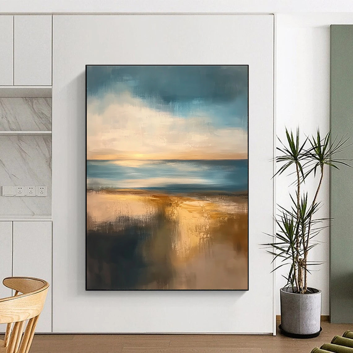 Large abstract painting featuring muted colors at golden hour with soft edges and tranquil sea reflections creating a serene atmosphere.STSC076
