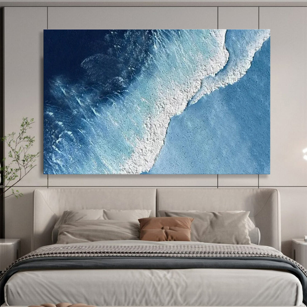 Aerial Ocean Wave Abstract Painting with Deep Blue and White THY258