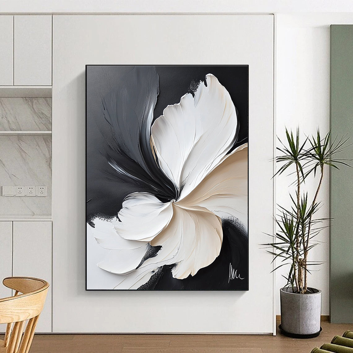 Large abstract painting featuring white flowers on a black background with meticulous brushwork and delicate textures in flowing organic shapes.STSC514