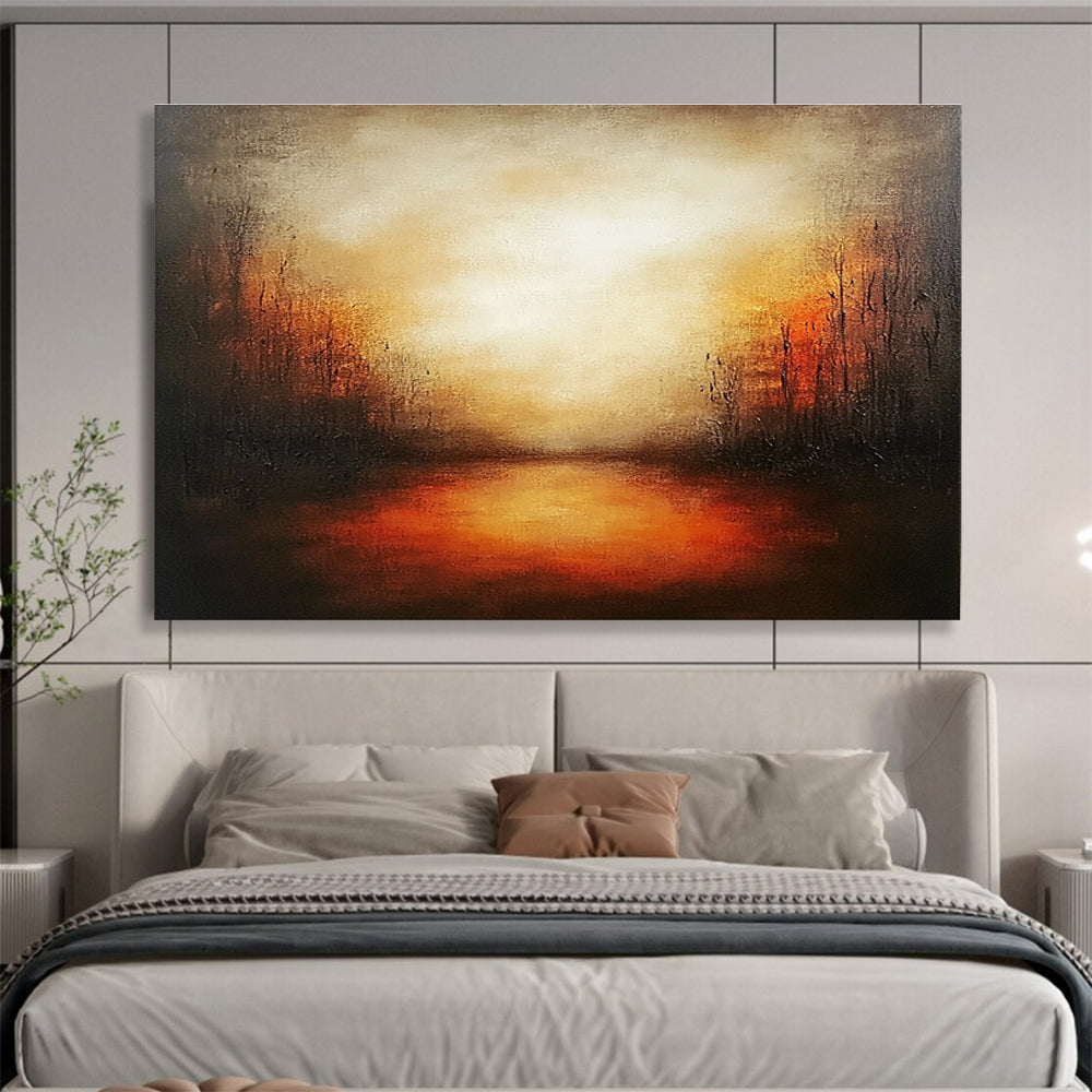 Abstract landscape painting featuring warm oranges and reds with soft brush strokes, textured canvas, and a serene evening atmosphere.SC086
