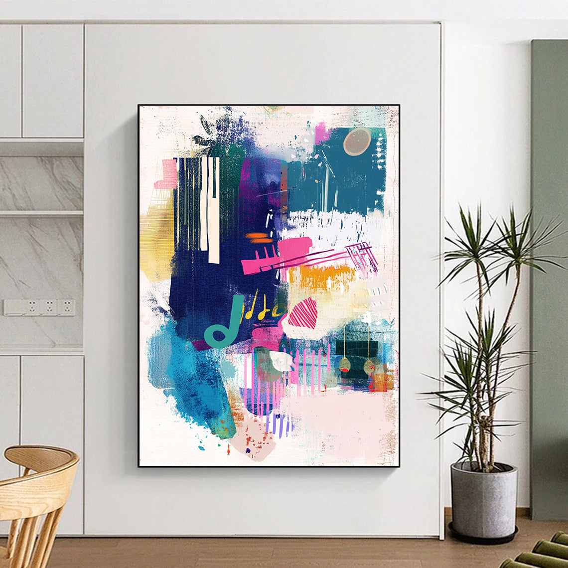 Large abstract painting capturing urban energy with musical notes and vibrant colors on textured paper leaving space for text or logos.STSC560
